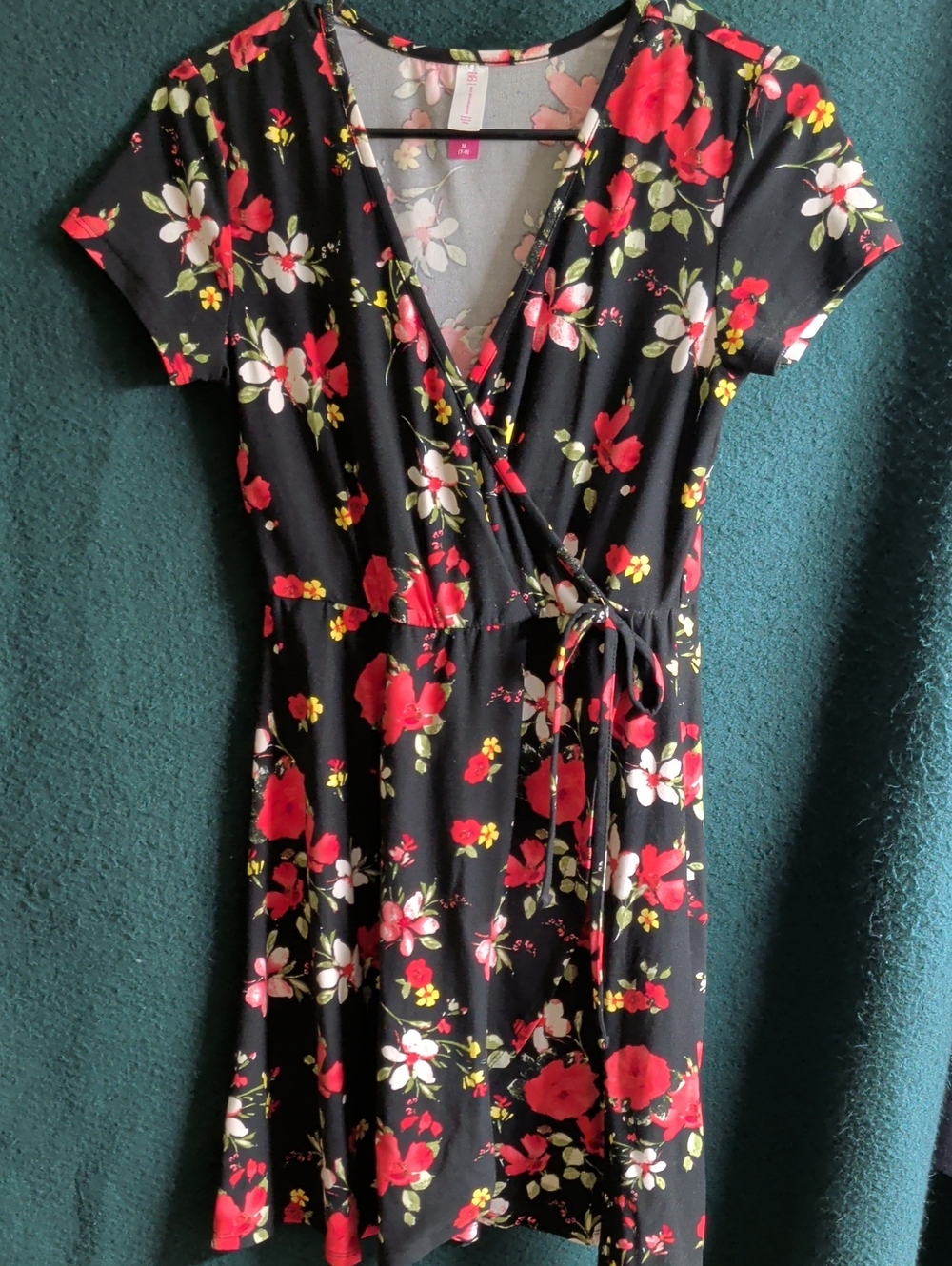 No Boundaries Black Floral Wrap Dress with Red and White Blooms